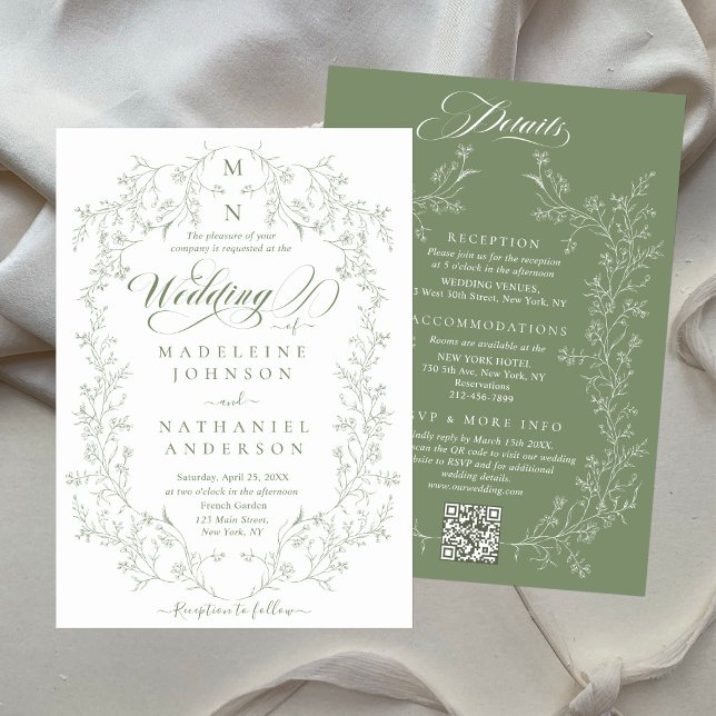 Green French Floral Frame Script Budget Wedding Invitation (Creator Uploaded)