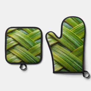 Green Fresh Bamboo Weave Oven Mitt & Pot Holder Set