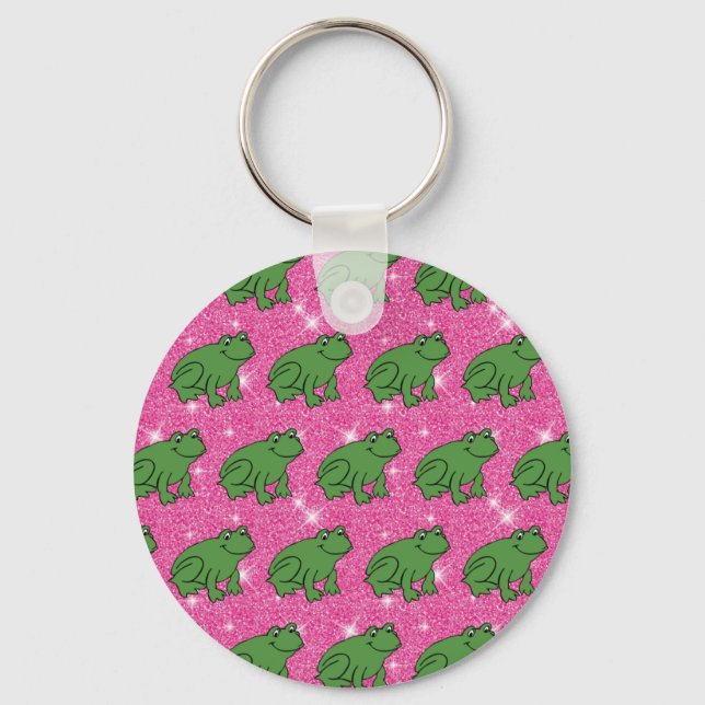 Green Frog Amphibian Animals Pink Glitter Key Ring (Front)
