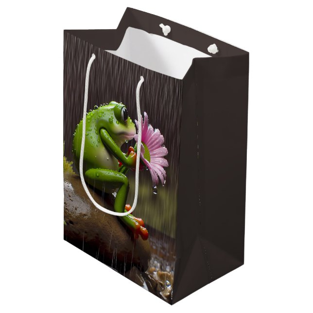 Green Frog And Daisy Birthday Medium Gift Bag (Front Angled)