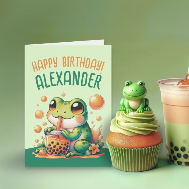 Green Frog and Orange Boba Bubble Tea Card (Creator Uploaded)