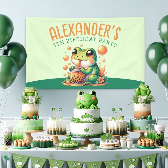 Green Frog and Orange Boba Bubble Tea Party Banner (Creator Uploaded)