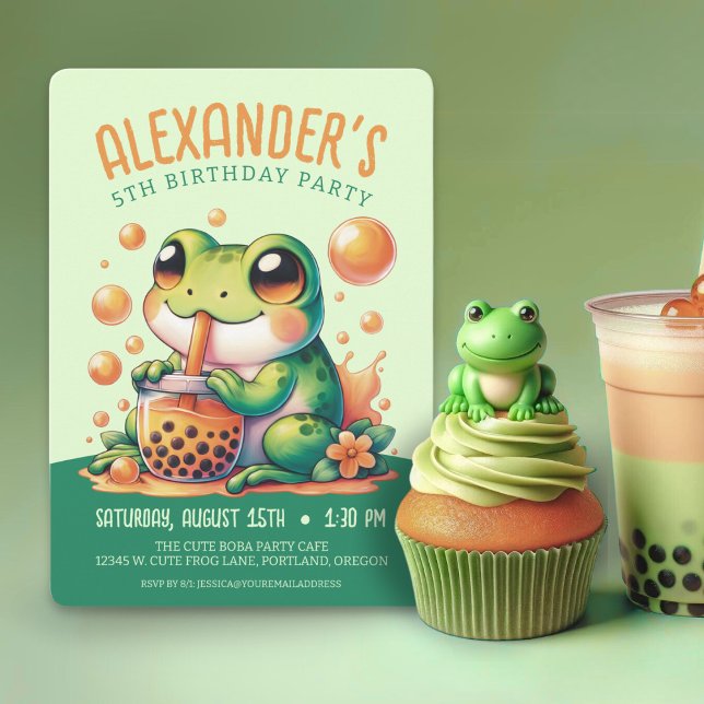 Green Frog and Orange Boba Bubble Tea Party Invitation (Creator Uploaded)