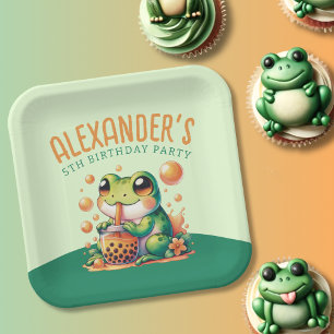Green Frog and Orange Boba Bubble Tea Party Paper Plate