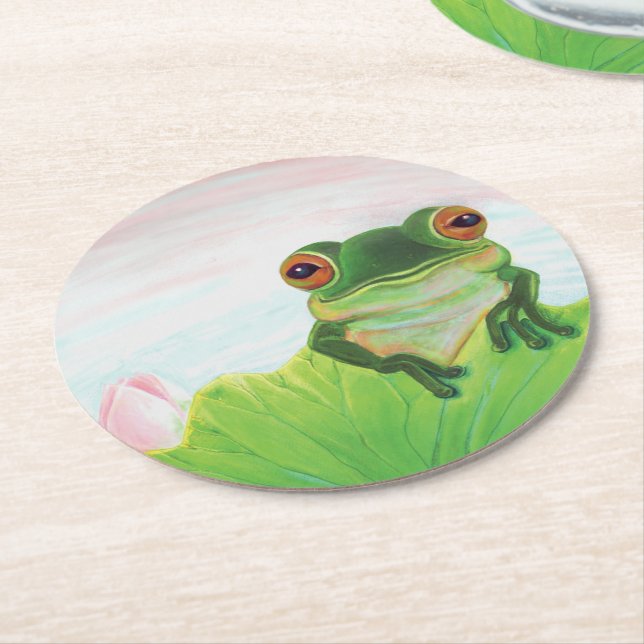 Green Frog behind the lily pad paper coaster (Angled)