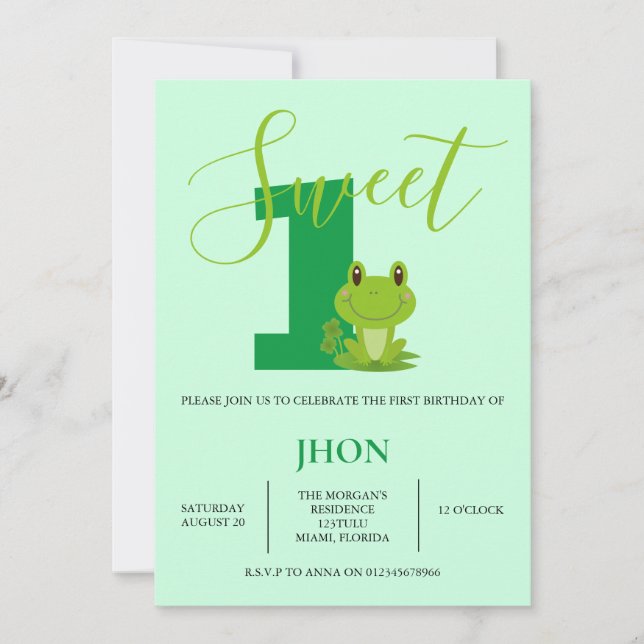 Green Frog Birthday Party Invitation (Front)