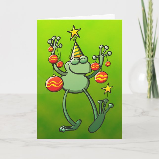 Green Frog Celebrating with Christmas Baubles Holiday Card (Front)