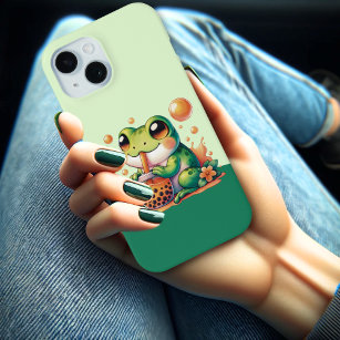 Green Frog Drinking Orange Boba Bubble Tea iPhone 15 Case