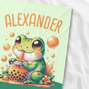 Green Frog Drinking Orange Boba Bubble Tea Fleece Blanket