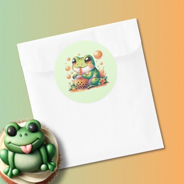 Green Frog Drinking Orange Boba  Classic Round Sticker (Creator Uploaded)