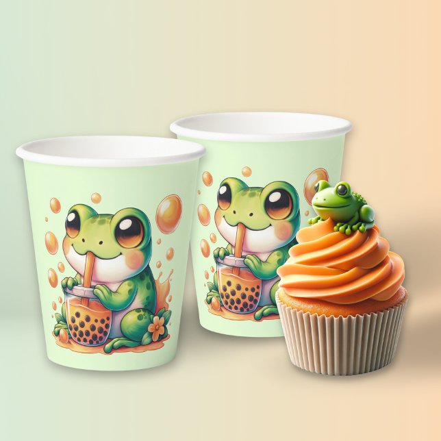 Green Frog Drinking Orange Boba  Paper Cups (Creator Uploaded)