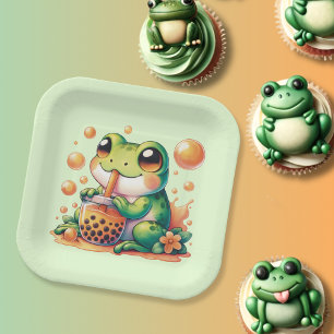 Green Frog Drinking Orange Boba Paper Plate