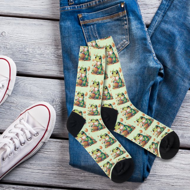Green Frog Drinking Orange Boba Pattern Socks (Creator Uploaded)