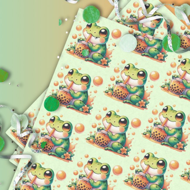 Green Frog Drinking Orange Boba Pattern Tissue Paper (Creator Uploaded)