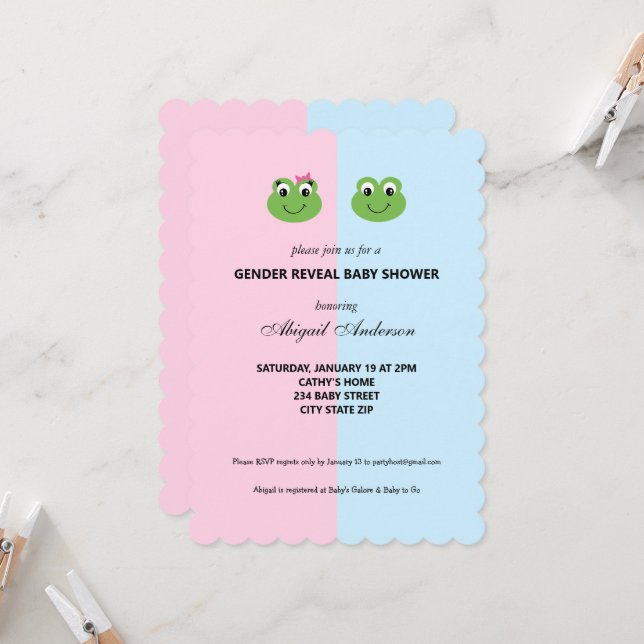 Green Frog Gender Reveal Baby Shower Invitation (Front/Back In Situ)