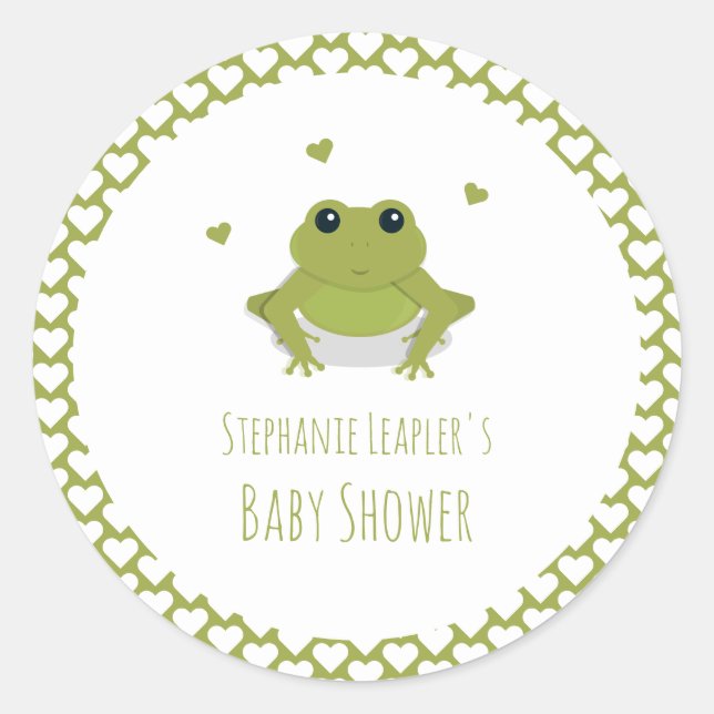 Green Frog Hearts Name Baby Shower Classic Round Sticker (Front)