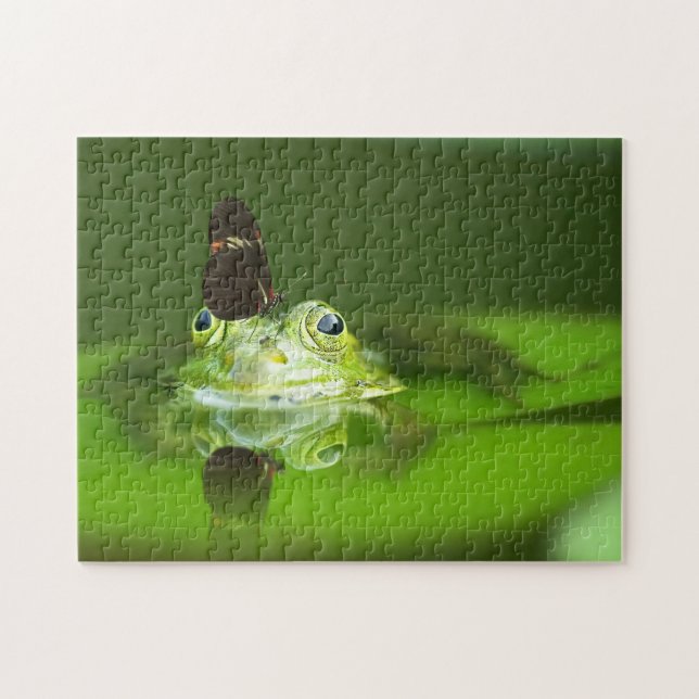 Green Frog in a pond with butterfly, Jigsaw Puzzle (Horizontal)