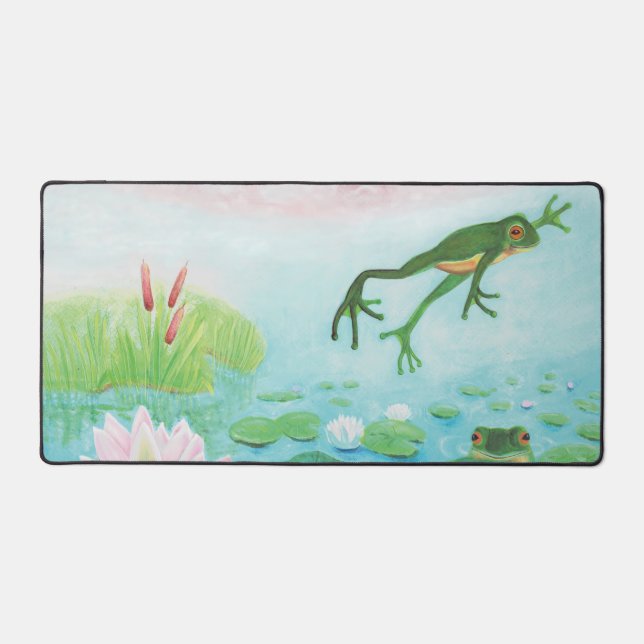 Green Frog Jumps Into The Pond Illustration  Desk Mat (Front)
