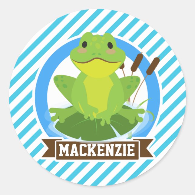 Green Frog on Lilypad; Blue & White Stripes Classic Round Sticker (Front)