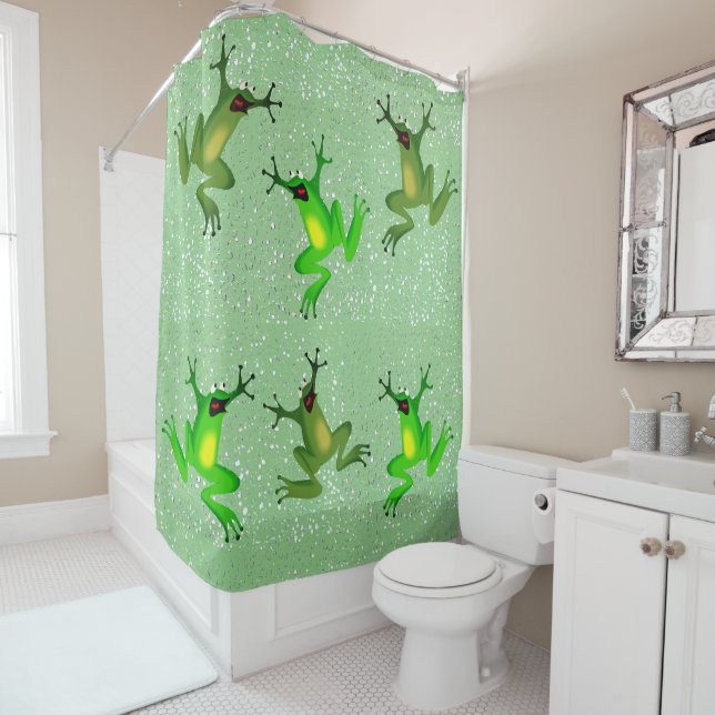 Green Frog Raindrops Abstract  Shower Curtain (In Situ)