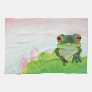 Green Frog Relaxing in the pond Tea Towel