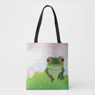 Green Frog Relaxing in the pond Tote Bag