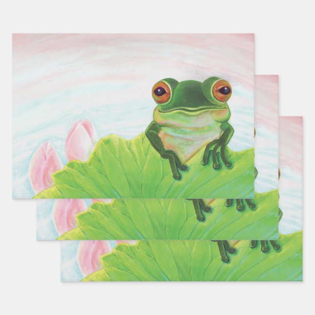 Green Frog Relaxing on the safety of the lily pad  Wrapping Paper Sheet (Set)