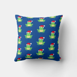 Green Frog Santa Hat Cartoon Pattern Novelty Blue Cushion