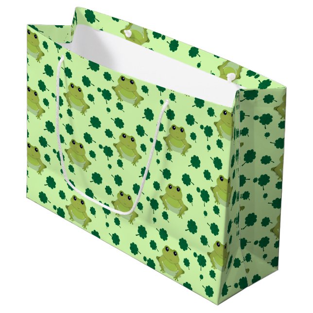 Green Frog Shamrock St Patrick’s Day Large Gift Bag (Front Angled)