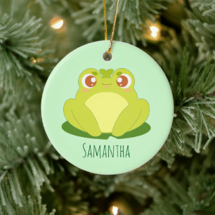 Green Frog Sitting On Leaf Ceramic Ornament