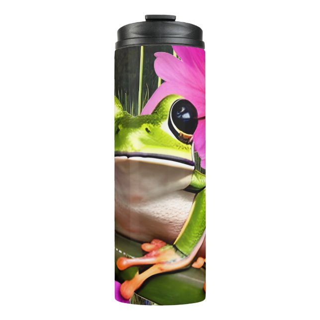 Green Frog Surrounded by Pink Flowers Thermal Tumbler (Front)