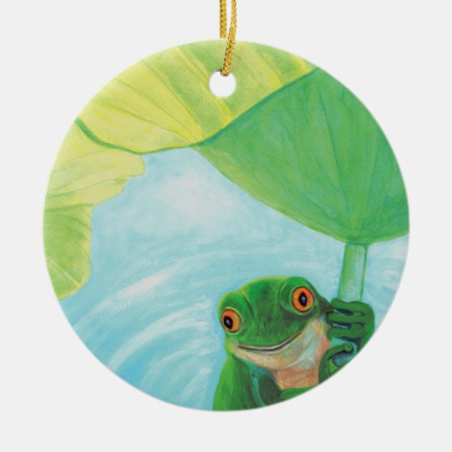 Green Frog under Lily Pad   Ceramic Ornament (Front)