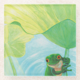Green Frog under Lily Pad Glass Coaster