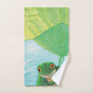 Green Frog under Lily Pad   Hand Towel