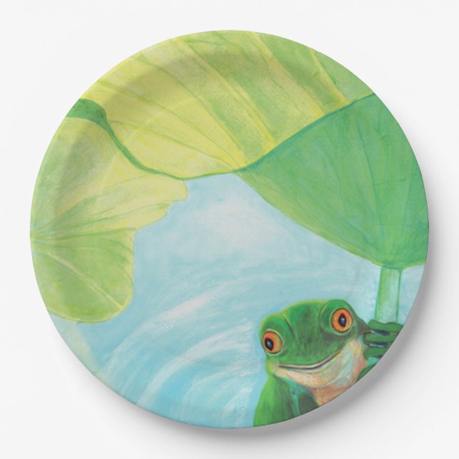 Green Frog under Lily Pad  Paper Plate (Front)