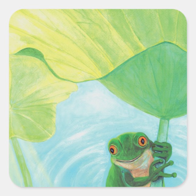 Green Frog under Lily Pad  Square Sticker (Front)