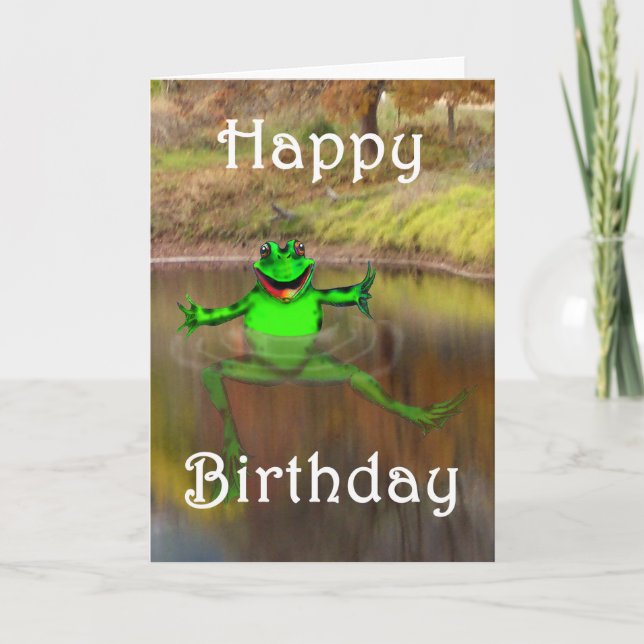 Green frog waving and swimming , Happy Birthday Card (Front)