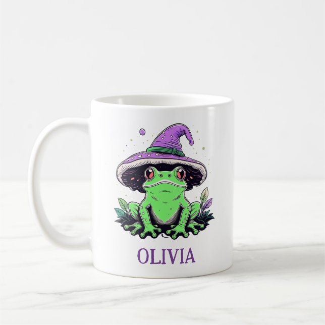 Green Frog Wearing Purple Witch Hat Coffee Mug (Left)