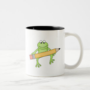 Green Frog with Pencil Tshirts and Gifts Two-Tone Coffee Mug