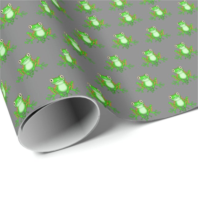 Green Frogs On Grey Wrapping Paper (Roll Corner)