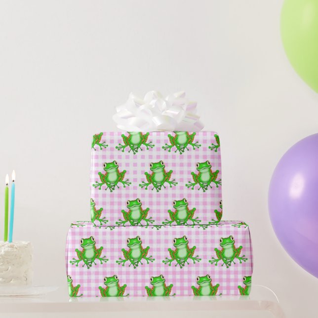 Green Frogs on Pink Gingham Wrapping Paper (Party Gifts)