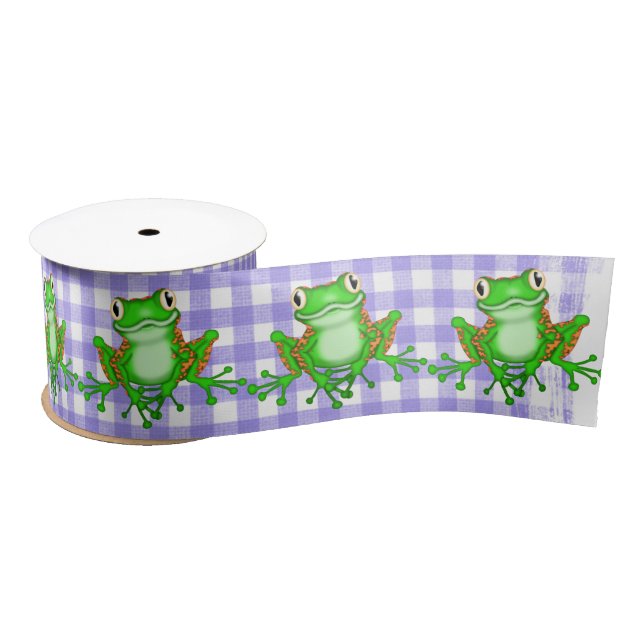 Green Frogs on Purple Gingham Satin Ribbon (Spool)