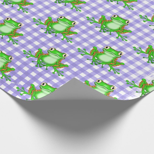 Green Frogs on Purple Gingham   Wrapping Paper (Corner)