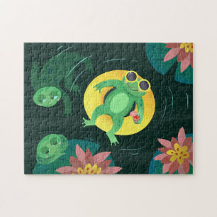 Green Frogs Summer Swim Pond Jigsaw Puzzle