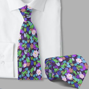 Green Frogs with Blue Lily Pads Hand Drawn Tie