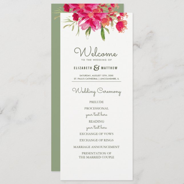 Green | Fuchsia Floral Watercolor Wedding Programs (Front/Back)