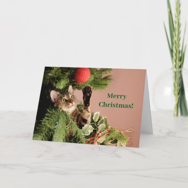 Green Funny Cat Kitten in a Christmas Tree  Holiday Card (Front)