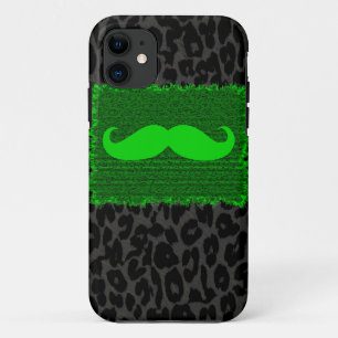 Green Funny Moustache and Leopard Print iPhone 11 Case