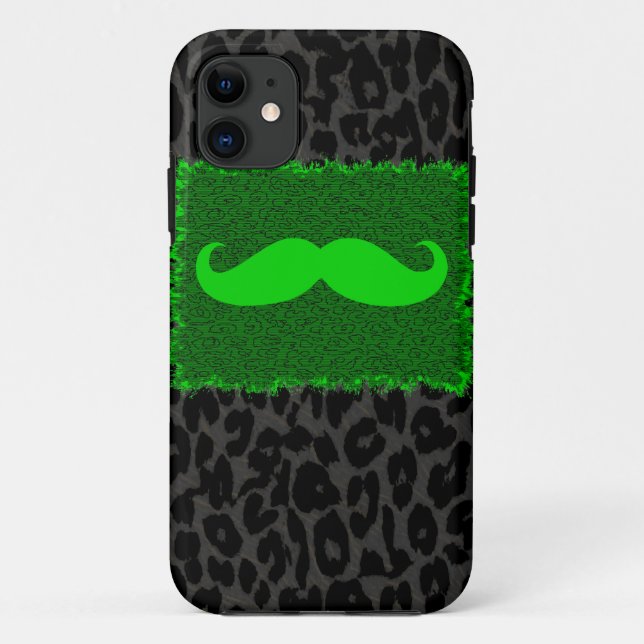 Green Funny Moustache and Leopard Print Case-Mate iPhone Case (Back)