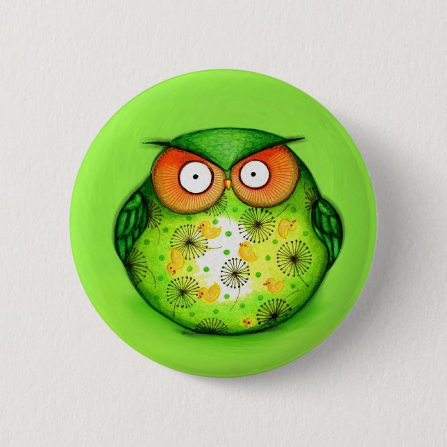 Green Funny Owl 6 Cm Round Badge (Front)